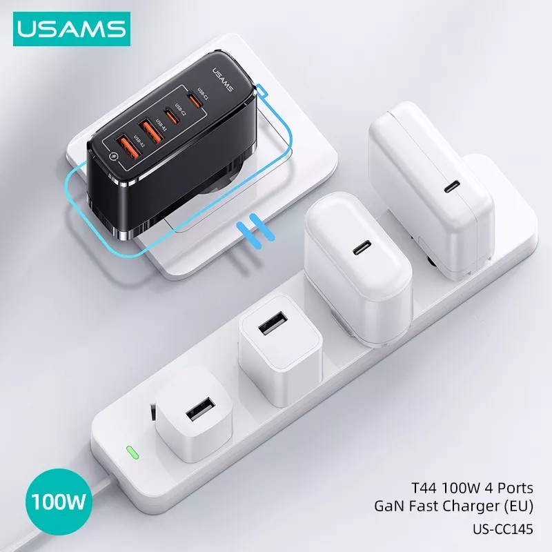 USAMS CHARGER 100W GAN 4 PORT CHARGER LAPTOP HP MACBOOK QUICK CHARGER PD 3.0 / PPS/SCP/FCP/AFC/APPLE2.4