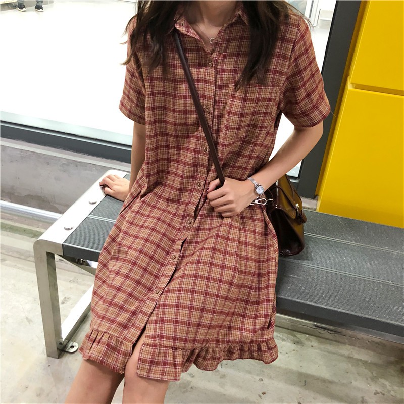 Dress Lengan Pendek Casual Model Longgar Motif Kotak-kotak Gaya Korea untuk Wanita