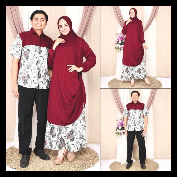 Produk Terbaik- Baju Couple Muslim Hazimah/Gamis Pasangan Kombi Batik Sutra - Maroon