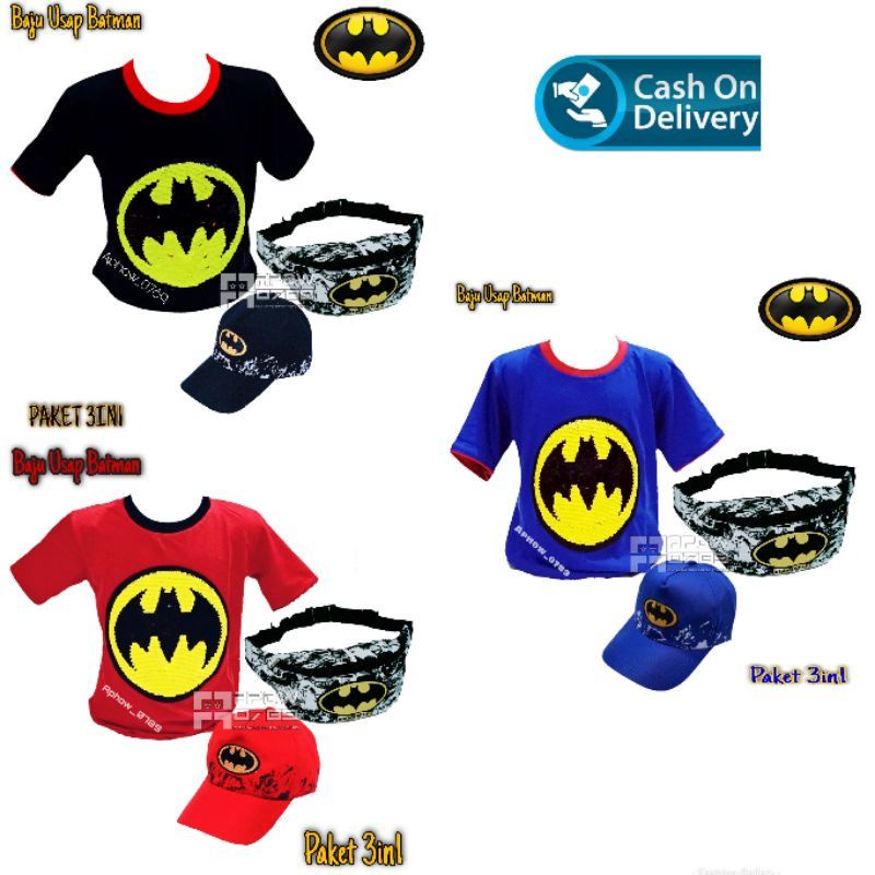 3IN1 KAOS ANAK USAP BATMAN FREE WAISTBAG BATMAN KELALAWAR DAN TOPI BATMAN