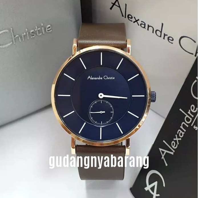 JAM TANGAN PRIA ALEXANDRE CHRISTIE AC 8484 LEATHER KULIT ROSE GOLD BLUE BIRU NAVY ORIGINAL