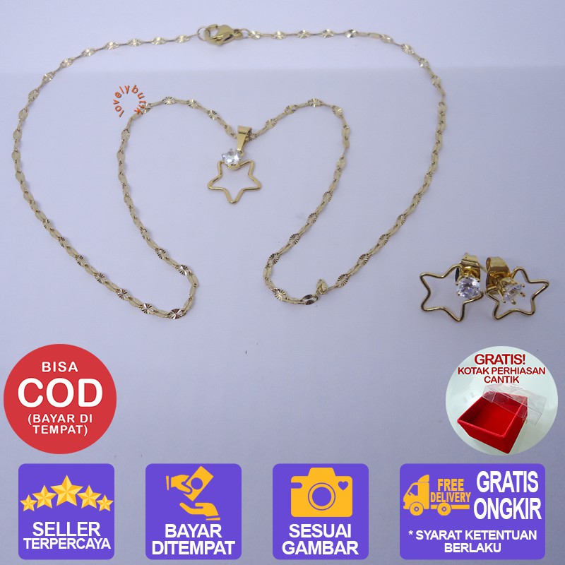 Lovelybutik Kalung Titanium Anti Karat Bintang Set Kalung + Anting Uk 45 cm BONUS KOTAK PEHIASAN