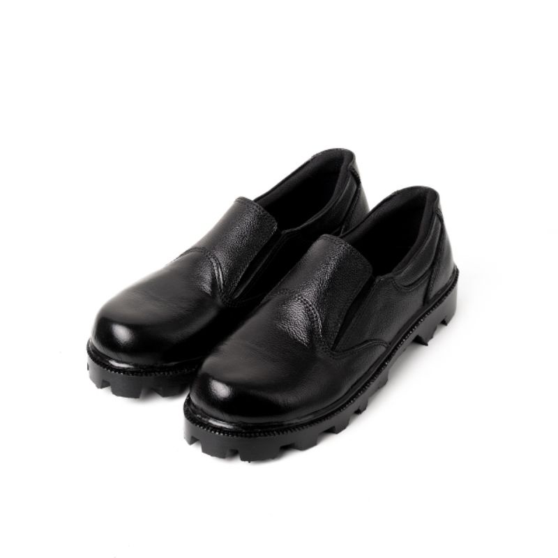 Sepatu Boot Safety Pria Pendek Bahan Kulit Ujung Besi Warna Hitam