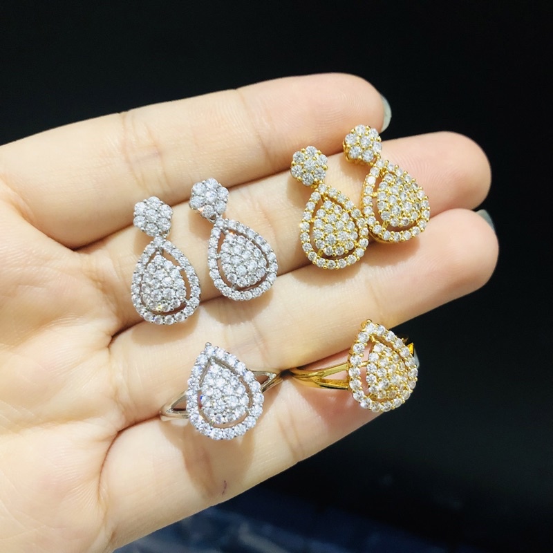 Anting Cincin Tura Berlian Eropa Replika / Diamond Premium Set / Giwang Permata Silver Gold