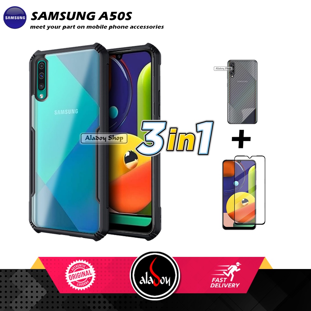 Case SAMSUNG A50S Armor Fushion Transparent Casing + Tempered Glass Full Layar dan Skin Carbon