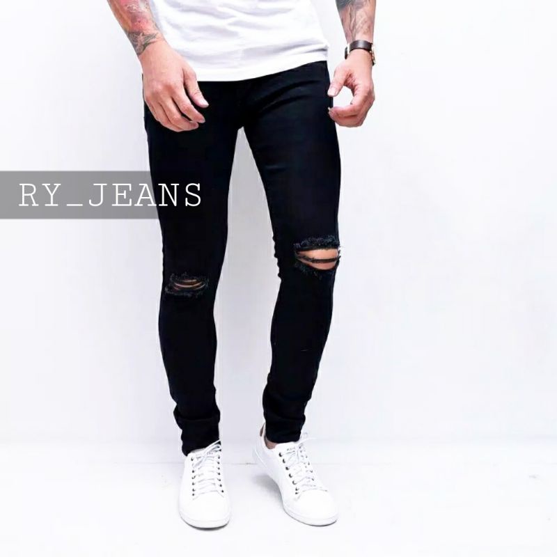 Celana jeans sobek lutut pria ripped jeans celana panjang hitam pria street melar skinny jeans pria