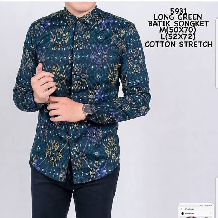 kemeja pria kemeja batik songket panjang tosca - Hijau Tosca M