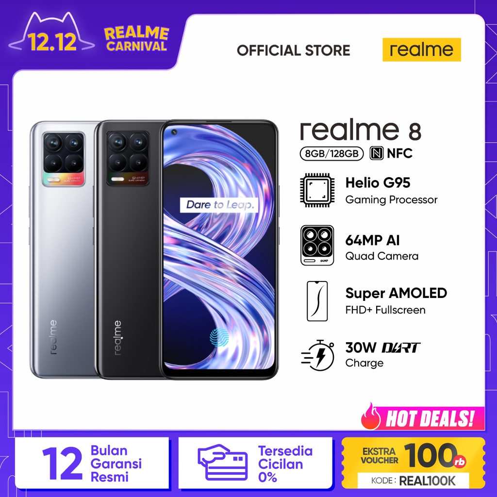 Jual HP realme 8 8/128GB [Super AMOLED, 64MP AI Quad Camera, Helio G95