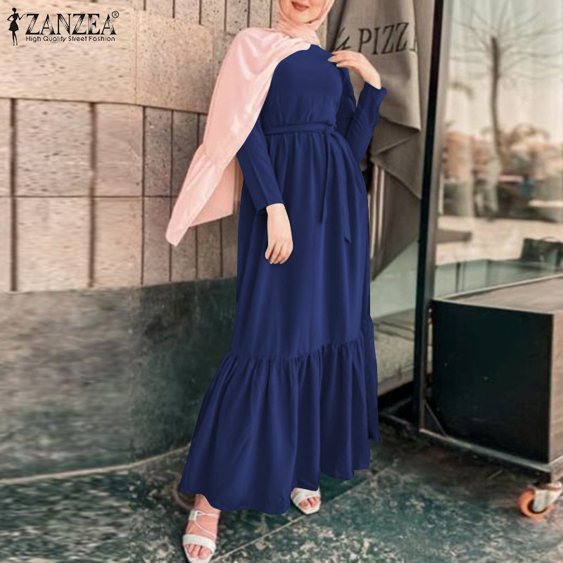 ZANZEA Women Casual Muslim Elastic Waist Belted Patchwork Maxi Dress