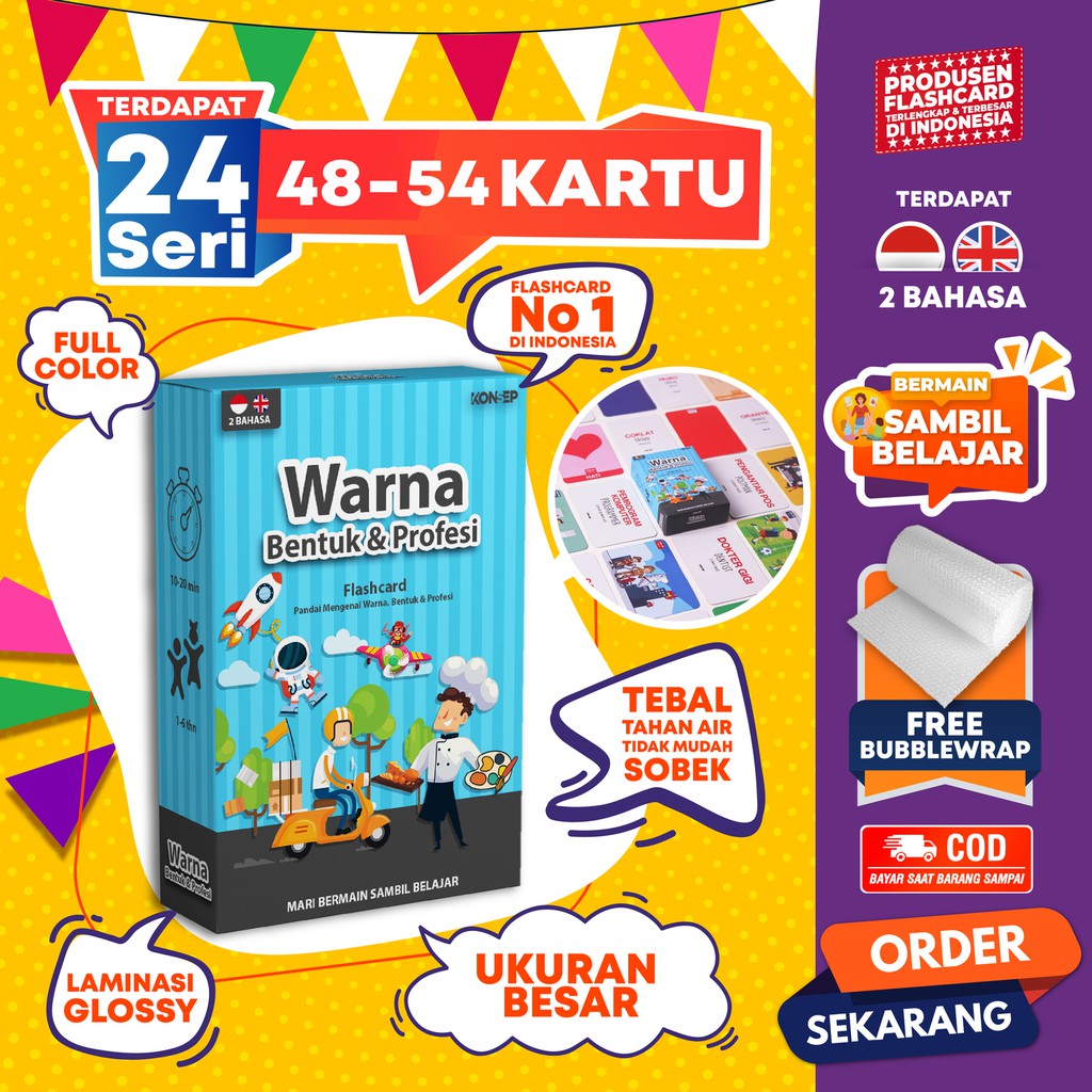 [1KG=10PCS] Konsep Flashcard Warna Bentuk Profesi / Flash Card / Mainan Edukasi Kartu Pintar Anak