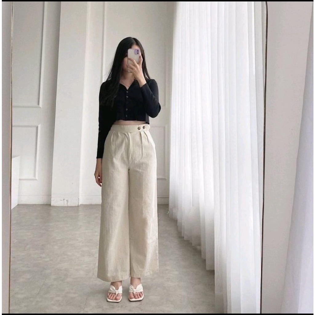 Celana Kulot Linen Highwaist Premium 2240 Side Button - Cullote Pants - Celana Kulot Linen Wanita