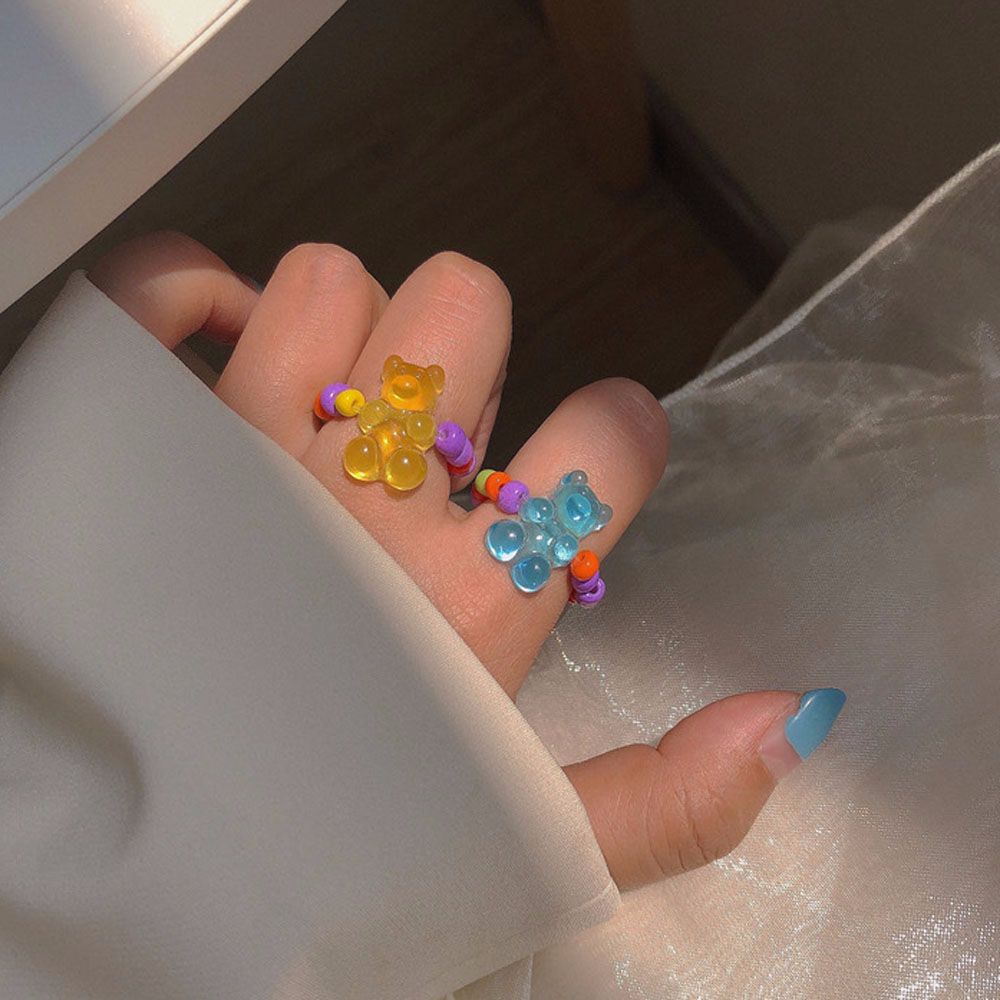 Needway  Women Girls Bead Rings Korean Fashion Jewelry Finger Ring Elastic Kpop Elegant Sweet Summer Geometric Bear/Multicolor