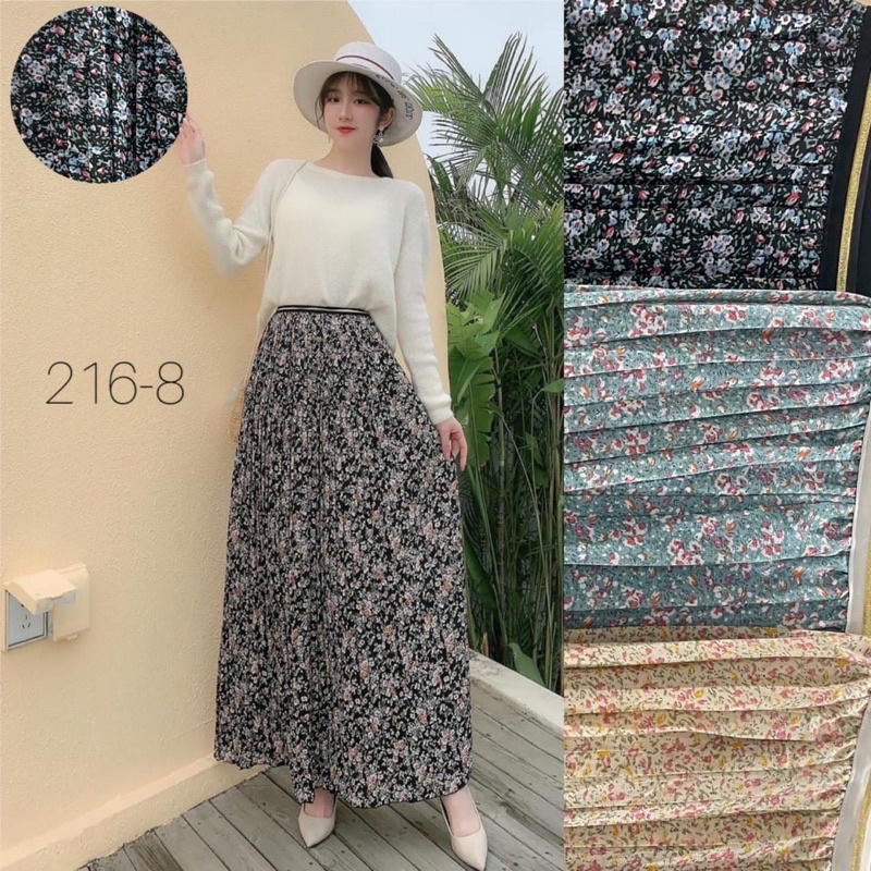 Korean Chiffon Flower Pleated Long Skirt with Gold List Import Premium ( Rok Bunga Korea Prisket Panjang )