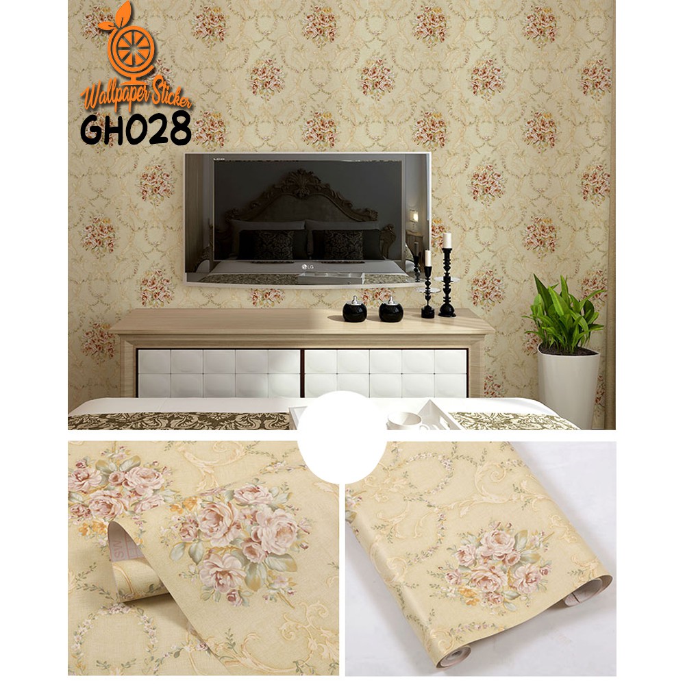 Wallpaper stiker dinding motif bunga gold dan salur hijau dekorasi rumah dan hiasan dinding kekinian