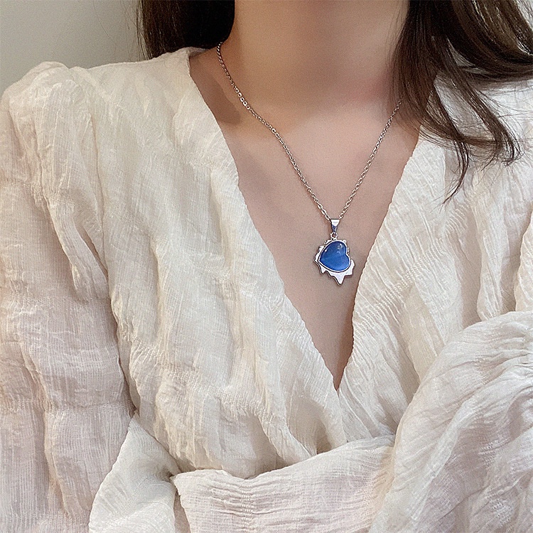 Desain minimalis blue opal cinta liontin kalung wanita ins kepribadian temperamental gaya dingin kal