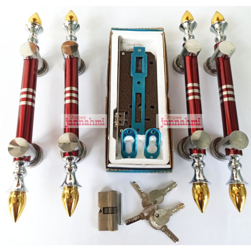 paket komplit 4 buah handle pintu kuningan sawo + 1 set bodypelor