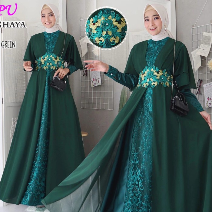 PREMIUM GAMIS PESTA TERBARU GHAYA BORDIR MEWAH - HIJAU BOTOL, ALL SIZE
