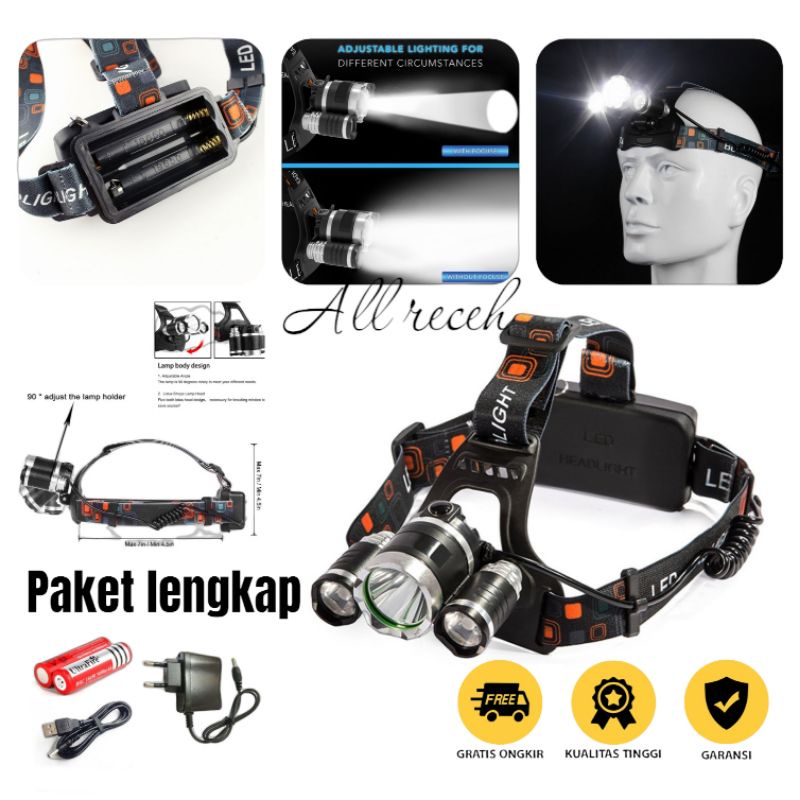 Headlamp 3 LED 5000 Lumens Cree XM-L - T6  Black/senter kepala/headlamp/borut