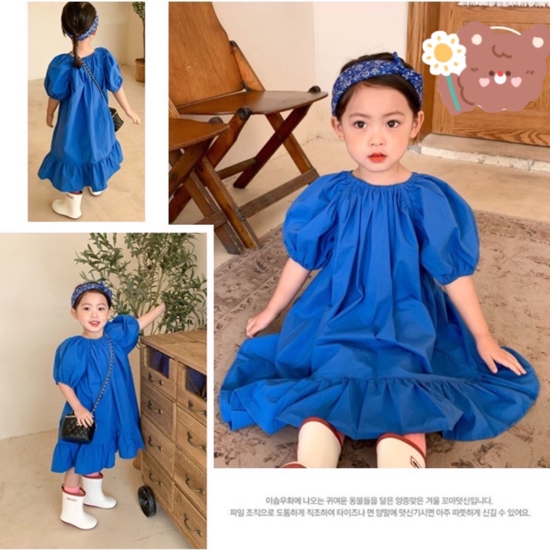 Aurie Korean Dress Balon Anak Perempuan Polos Korean Style Import dress anak biru elektrik biru bca 