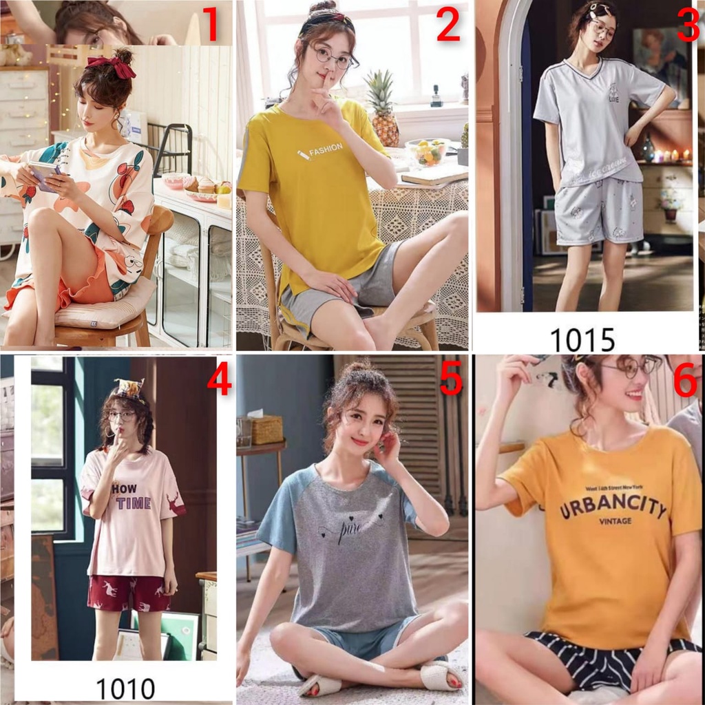 Baju tidur piyama lengan pendek celana pendek bahan kaos import