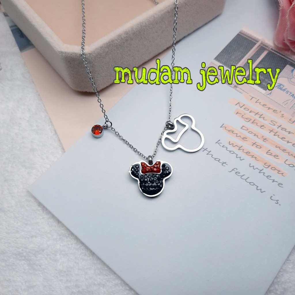 Kalung Titanium Desain Minnie Warna Rose Gold, Gold, dan Silver