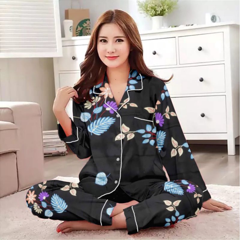 piyama setelan lengan panjang/baju tidur wanita terbaru/setelan wanita katun-Pp bunga black
