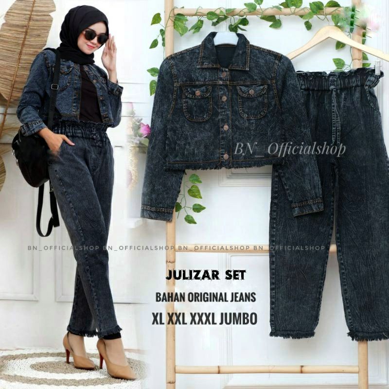 SETELAN JAKET CELANA WANITA (XL - JUMBO) JAKET JEANS SETELAN WANITA OUTFIT JEANS CELANA RAWIS SIZE J