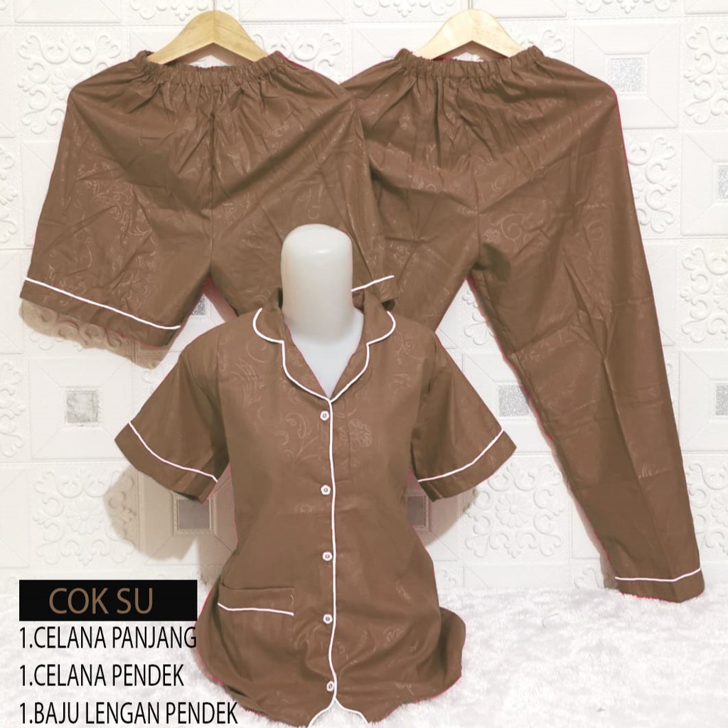 ISANNY PIYAMA SET SATEN EMBOS 3IN1 L/PIYAMA DEWAS/READY 20 WARNA-COKSU TUA