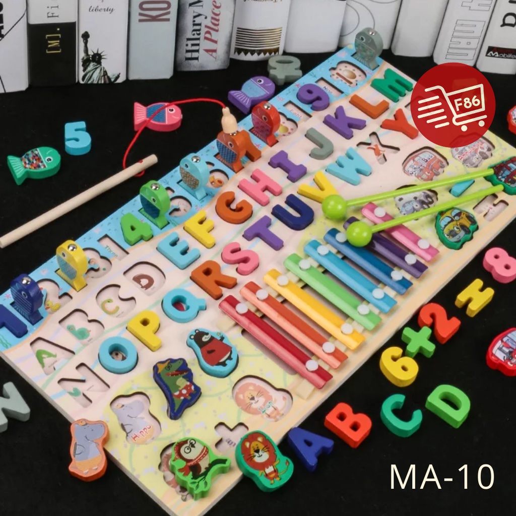 Mainan Anak Pancingan Ikan Edukasi Puzzle Kayu Huruf Dan Angka Montessori Wooden Toys 7in1