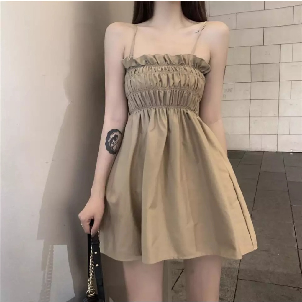 Semi Dress Kerut Tengah Tali Bahu Wanita Bahan Adem 847