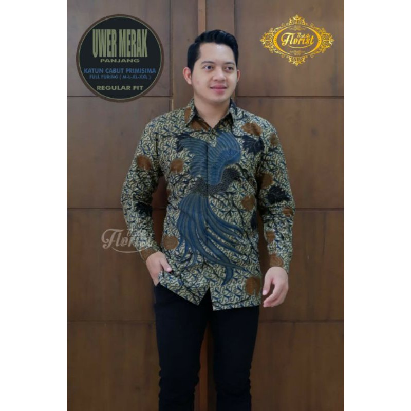 Kemeja Batik Exclusive Motif Burung Merak Biru Batik Lapis Furing Terbaru UWER MERAK Batik Pria