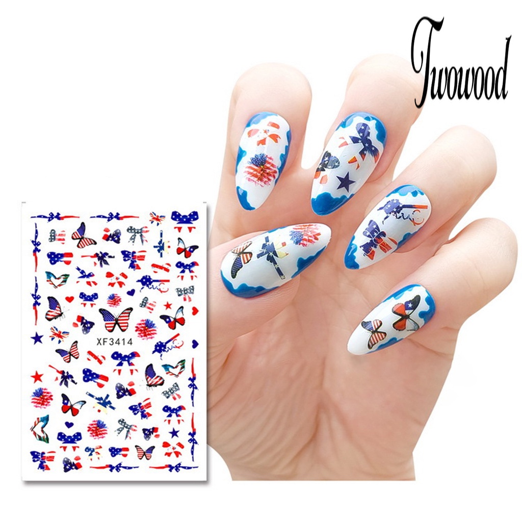 Twowood Stiker Kuku Ultra Tipis Motif Bendera Amerika / National Day Untuk Nail Art