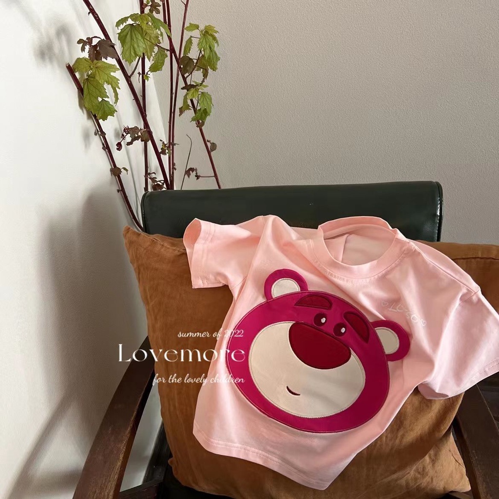 [PRINCESS KESLI] 1-9 Tahun Kaos Lotso Anak Perempuan Salur Bear Bordir T-shirt Kartun Kasual Leher Bulat