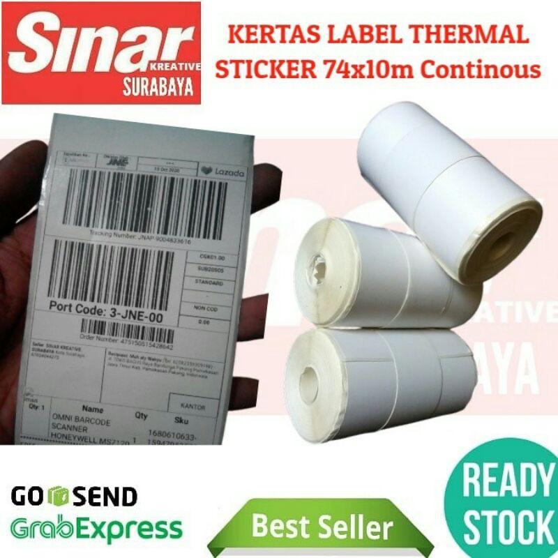 

KERTAS LABEL STICKER PRINTER THERMAL 80mm SIZE 74x10M CONTINOUS - Cetak Resi Premium Quality