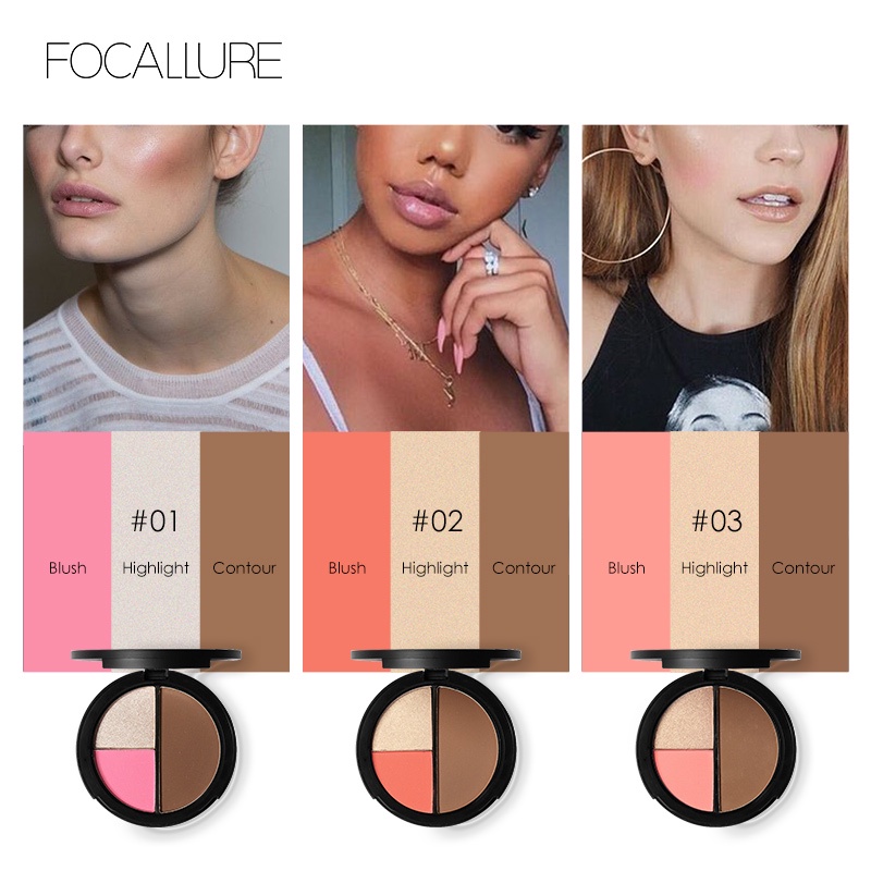 FOCALLURE Trio Blush/Highlighter/Contour/ Makeup Palette 3 Colors (100% Original, BPOM Certified)