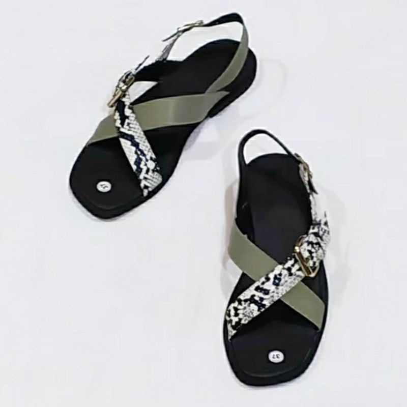 SENDAL FLAT TALY SILANG MOTIF ULAR SENDAL FASHION WANITA