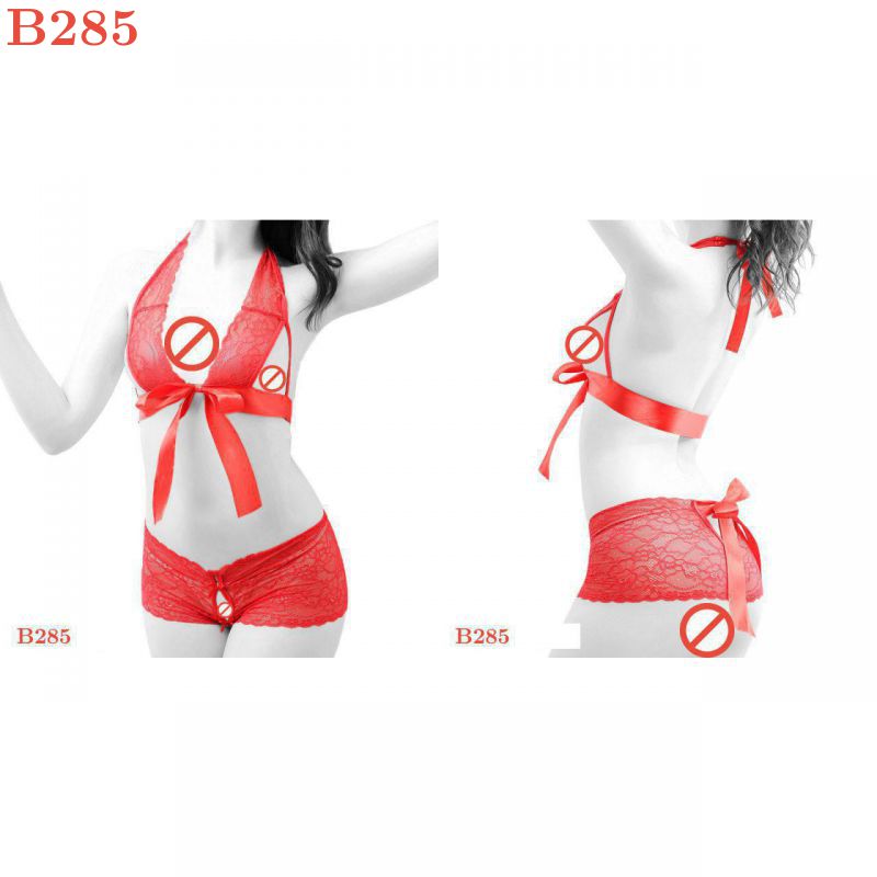 B285 - Bikini Bra Set Halterneck Merah Transparan, Bra Ikat Depan