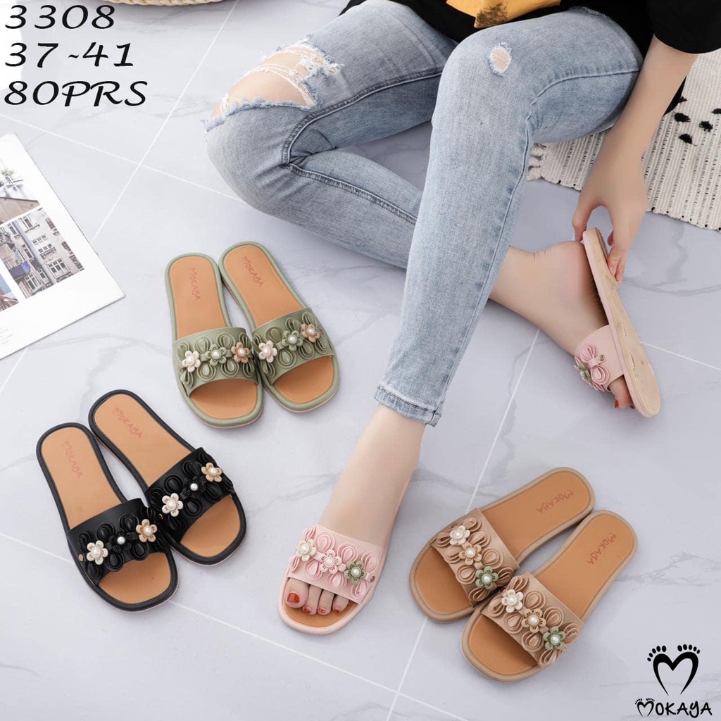 Sandal Slop Jelly Wanita Motif Pita Hias 3 Bunga Kecil Super Cantik Mewah Import Mokaya / size 37-41(3308)