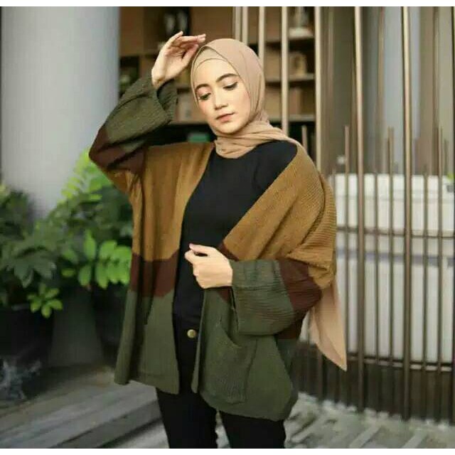 MAHERA CARDIGAN | CARDIGAN RAJUT KOMBINASI 3 WARNA | TRITONE COMBI CARDIGAN | KARDIGAN STRADIVARIUSE