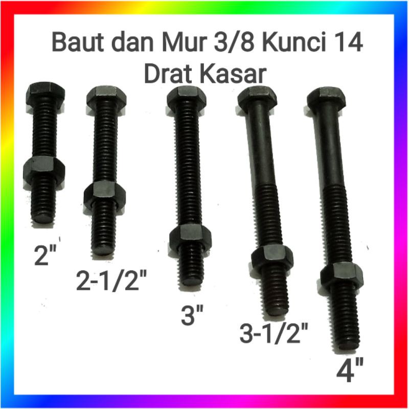 Baut dan mur 3/8&quot; inci hitam kepala kunci 14 drat kasar 2-4inci