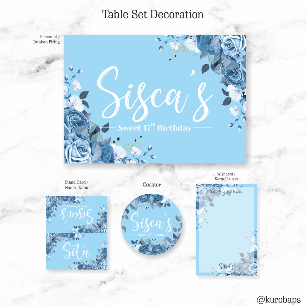 TABLE DECORATION SET BLUE FLOWER BIRTHDAY / BRIDAL SHOWER / BABY SHOWER / ANNIVERSARY