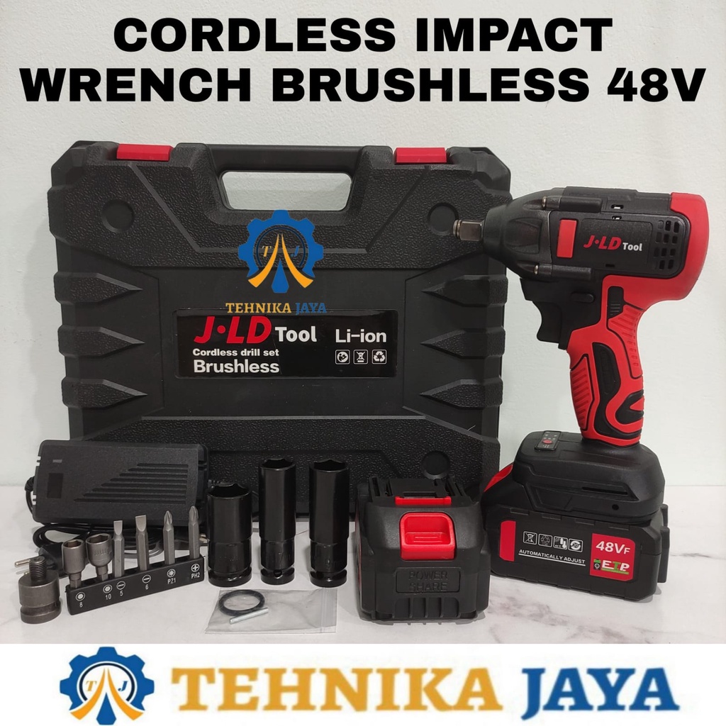 Bor Cordless BRUSHLESS Impact Wrench 48V FULLSET + FREE 2 Baterai Bor Serbaguna