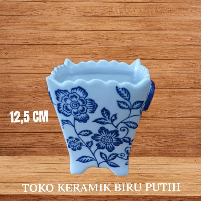 Vas Bunga Keramik kotak Tinggi 12.5/ Pot Bunga keramik biru Putih