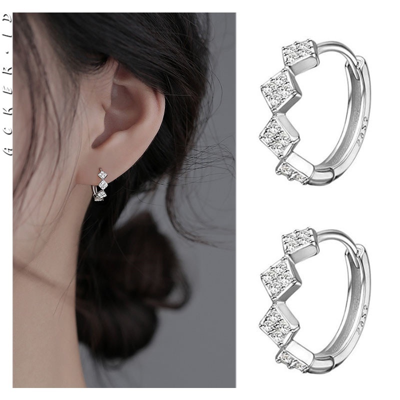 [ACKER] S925 Sterling Perak Diamond Desain Berlian Imitasi Anting Hoop Untuk Wanita