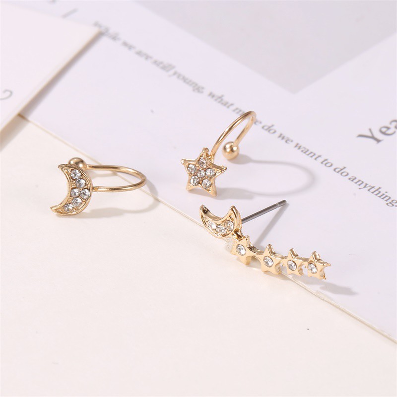 3pcs/set Anting Klip Tulang Telinga Bentuk Bintang Anting Imitasi Berlian Klip Telinga Bintang Bulan