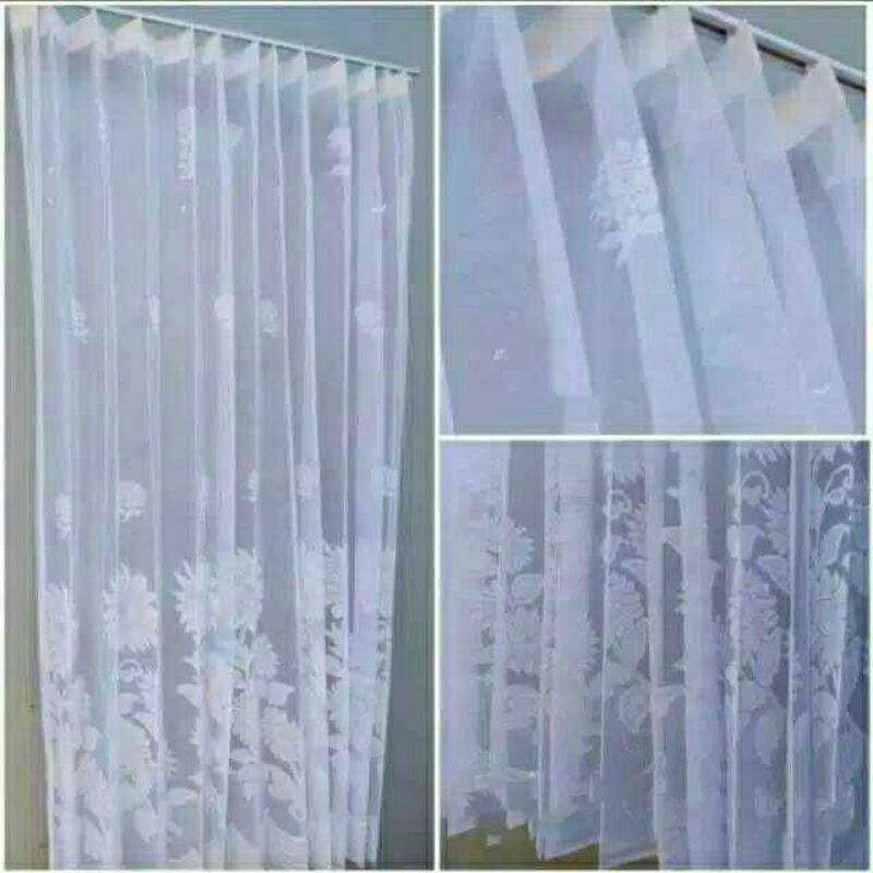Vitrase/Tirai tipis minimalis jendela motif bunga matahari dan bunga tulip warna putih #vitrase