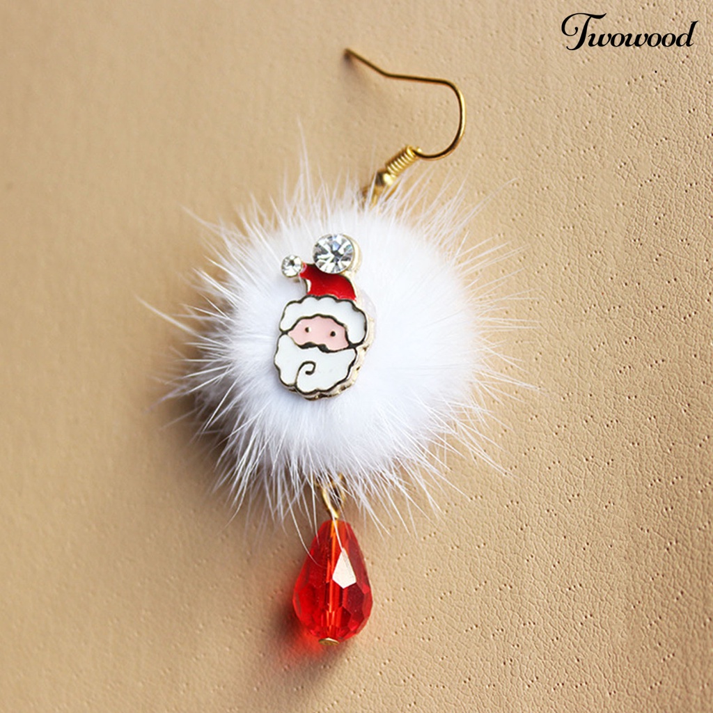 Twowood 1 Pair White Plush Ball Red Rhinestone Xmas Earrings Alloy Santa Claus Elk Pendant Hook Earrings Fashion Jewelry