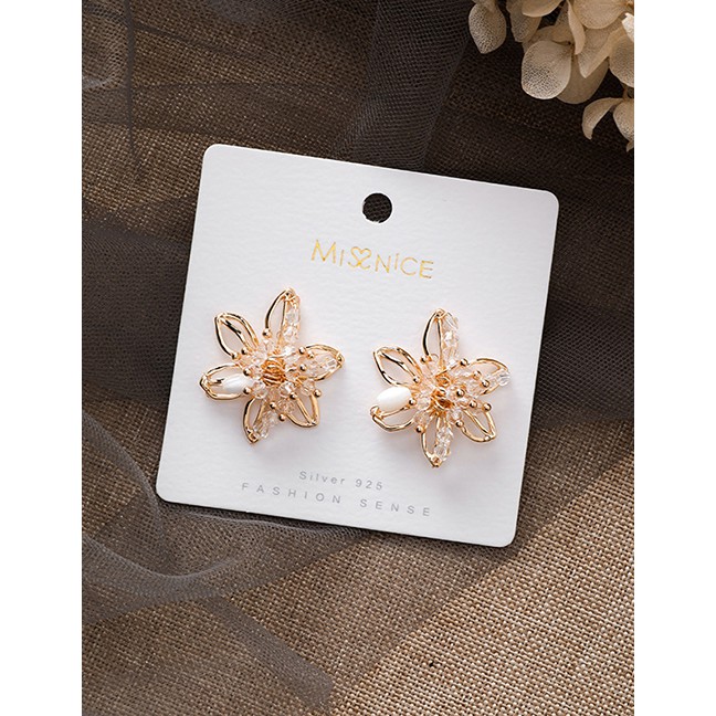 LRC Anting Tusuk Fashion Gold 925 Silver Needle Crystal Openwork Stereo Flower Earrings D28101