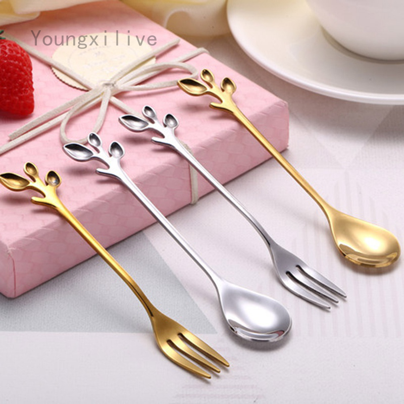 Youngxilive.id .id .id  Originality Leaf Metal Coffee Spoon Small Luxury Cute Coffee Stirring Spoon Stainless Steel Seasoning Dessert Fork Teaspoon 1pc