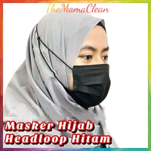 GROSIR MASKER HIJAB HEADLOOP HITAM 3PLY(10BOX) = 500PCS